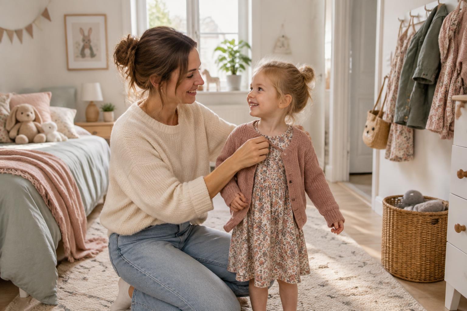 Mamma hjälper sin dotter med kläderna på morgonen